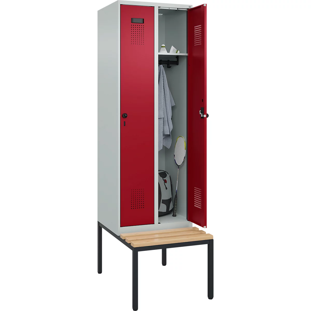 Kleiderspind C+P Evolo Plus, 2 Abteile mit je 300 mm Breite, Unterbau-Sitzbank, B 600 x T 815 x H 2120 mm, Drehriegel, lichtgrau/rubinrot