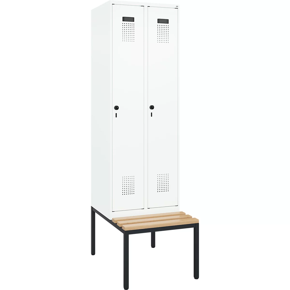 Kleiderspind C+P Evolo Plus, 2 Abteile mit je 300 mm Breite, Unterbau-Sitzbank, B 600 x T 815 x H 2120 mm, Drehriegel, verkehrsweiss/verkehrsweiss