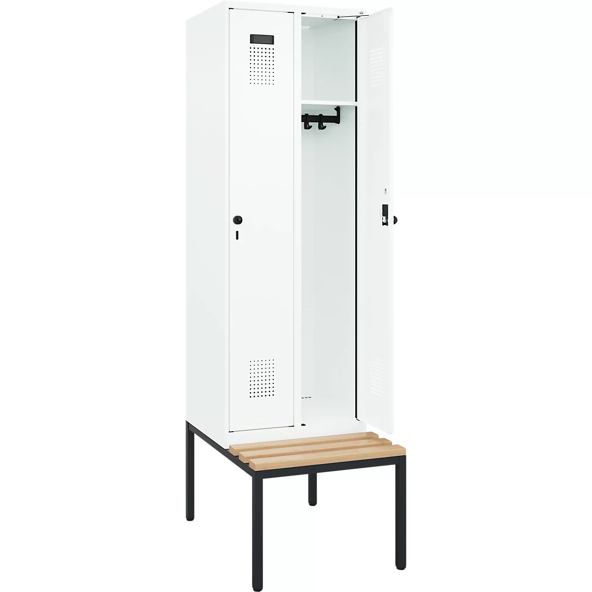 Kleiderspind C+P Evolo Plus, 2 Abteile mit je 300 mm Breite, Unterbau-Sitzbank, B 600 x T 815 x H 2120 mm, Drehriegel, verkehrsweiss/verkehrsweiss