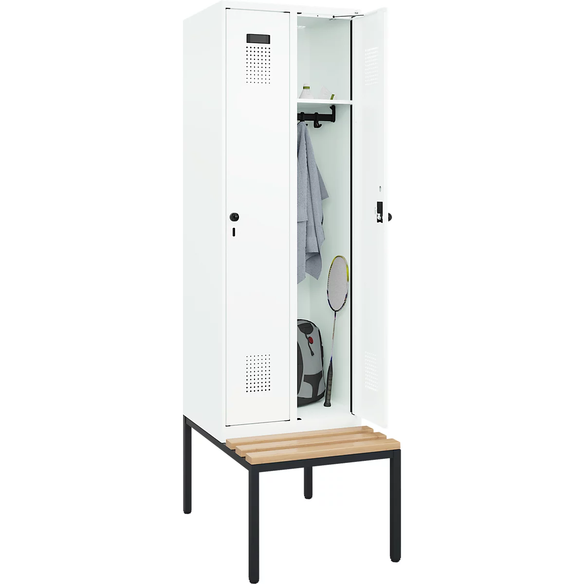 Kleiderspind C+P Evolo Plus, 2 Abteile mit je 300 mm Breite, Unterbau-Sitzbank, B 600 x T 815 x H 2120 mm, Drehriegel, verkehrsweiss/verkehrsweiss