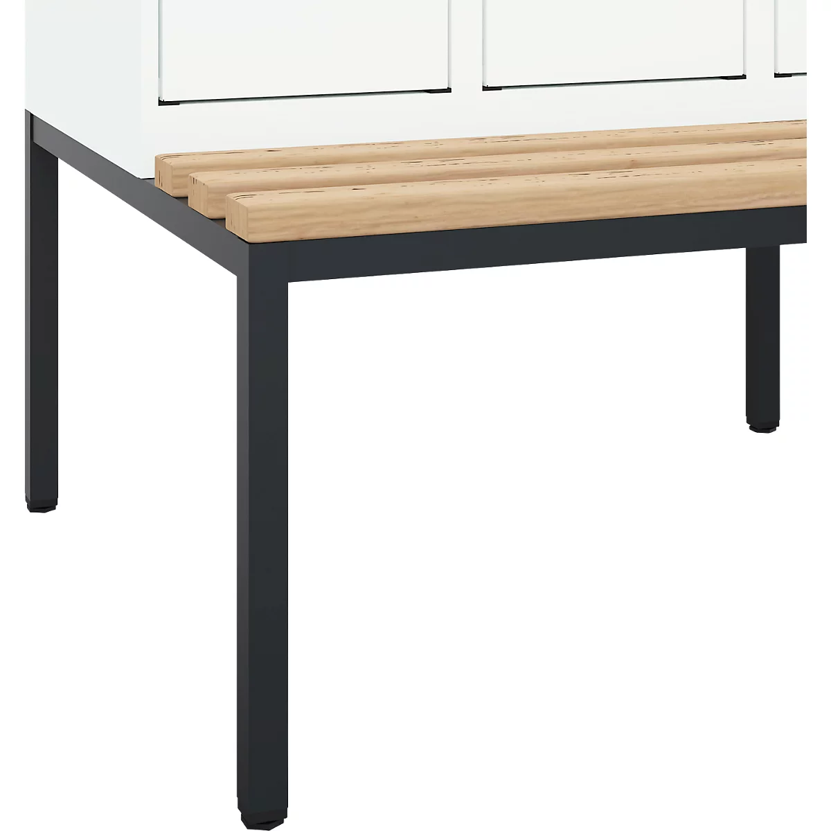 Kleiderspind C+P Evolo Plus, 2 Abteile mit je 300 mm Breite, Unterbau-Sitzbank, B 600 x T 815 x H 2120 mm, Drehriegel, verkehrsweiss/verkehrsweiss