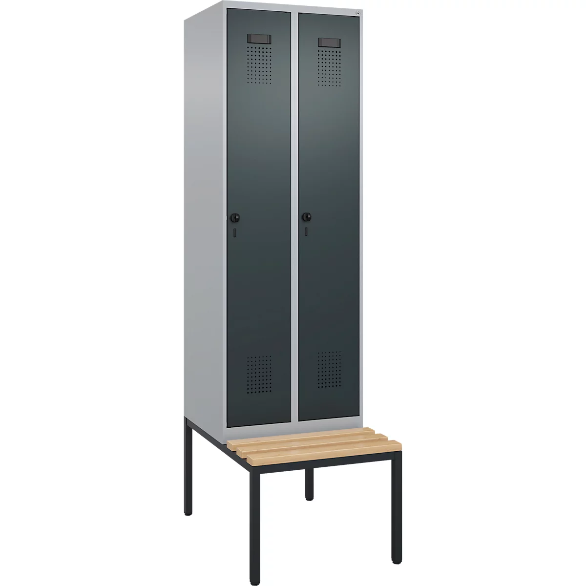Kleiderspind C+P Evolo Plus, 2 Abteile mit je 300 mm Breite, Unterbau-Sitzbank, B 600 x T 815 x H 2120 mm, Drehriegel, weissaluminium/anthrazitgrau