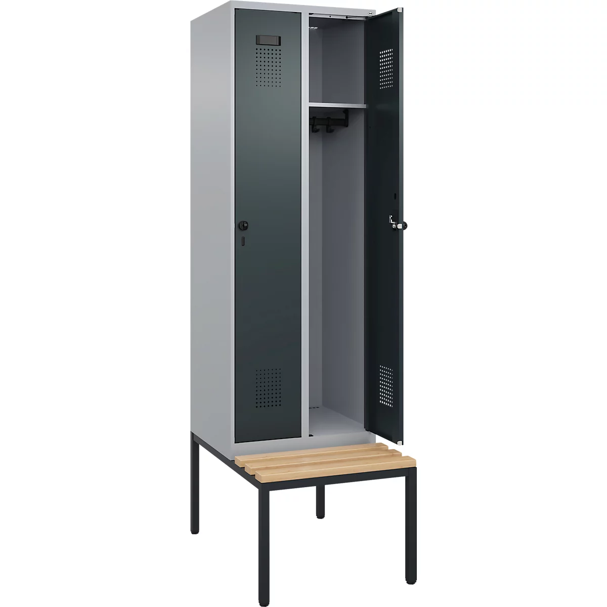 Kleiderspind C+P Evolo Plus, 2 Abteile mit je 300 mm Breite, Unterbau-Sitzbank, B 600 x T 815 x H 2120 mm, Drehriegel, weissaluminium/anthrazitgrau