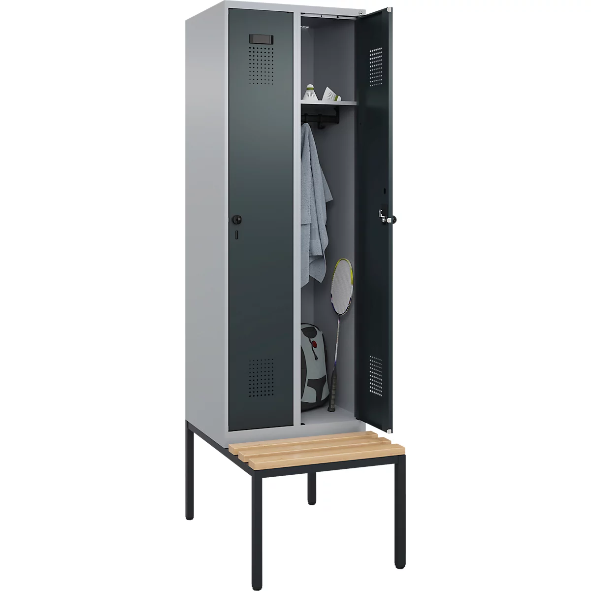 Kleiderspind C+P Evolo Plus, 2 Abteile mit je 300 mm Breite, Unterbau-Sitzbank, B 600 x T 815 x H 2120 mm, Drehriegel, weissaluminium/anthrazitgrau