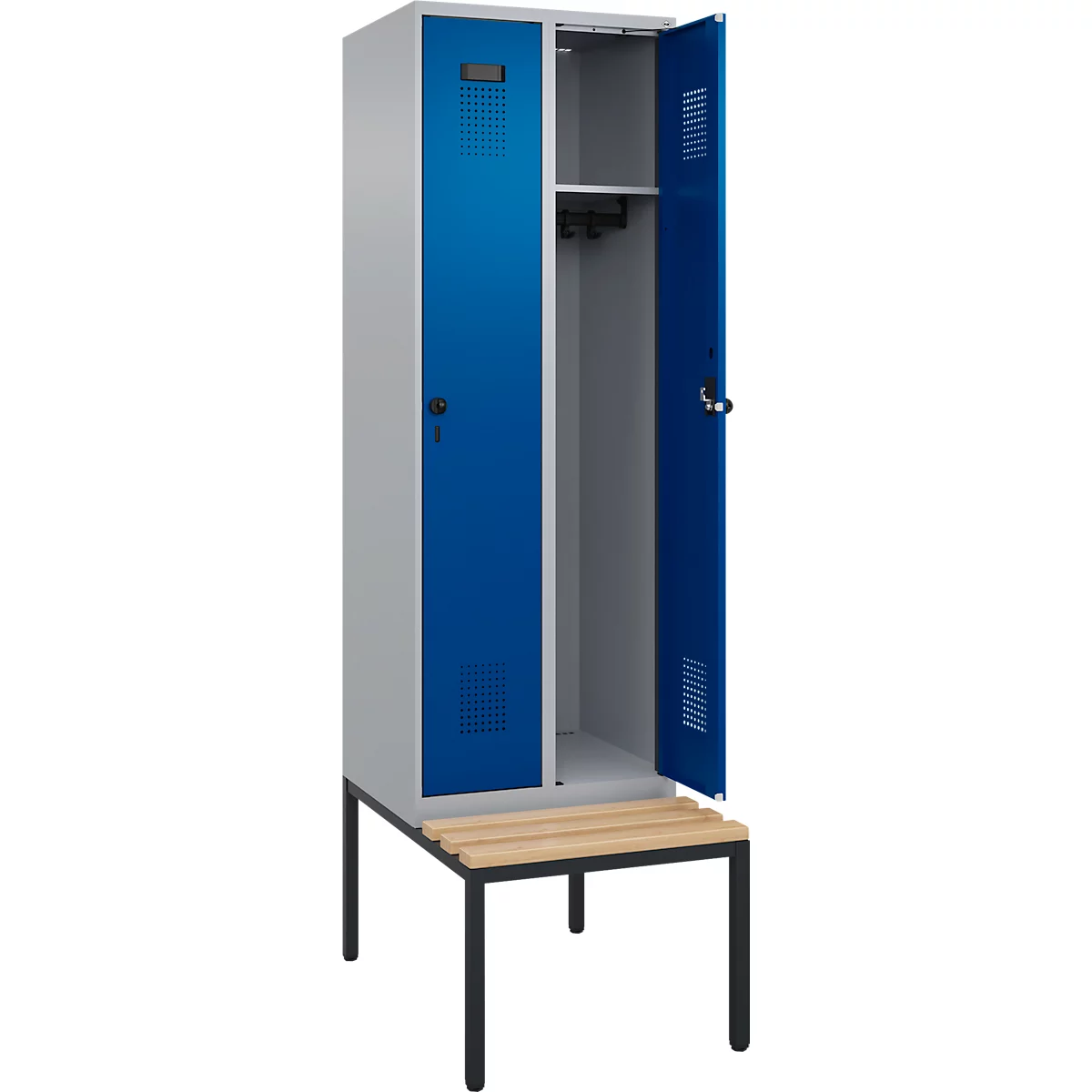Kleiderspind C+P Evolo Plus, 2 Abteile mit je 300 mm Breite, Unterbau-Sitzbank, B 600 x T 815 x H 2120 mm, Drehriegel, weissaluminium/enzianblau
