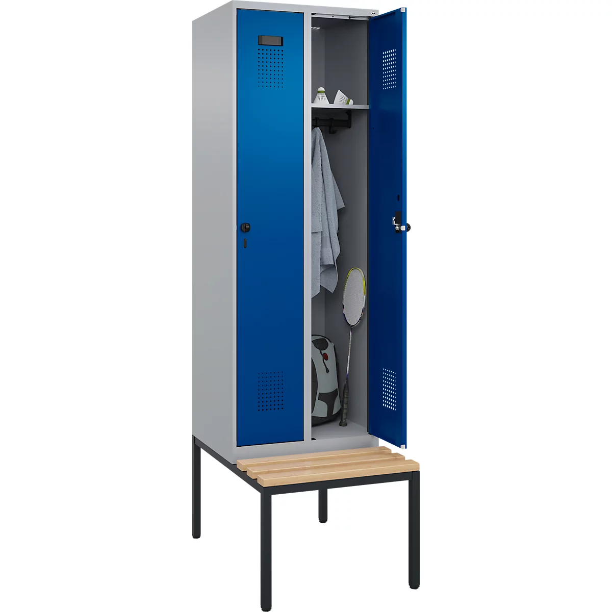 Kleiderspind C+P Evolo Plus, 2 Abteile mit je 300 mm Breite, Unterbau-Sitzbank, B 600 x T 815 x H 2120 mm, Drehriegel, weissaluminium/enzianblau