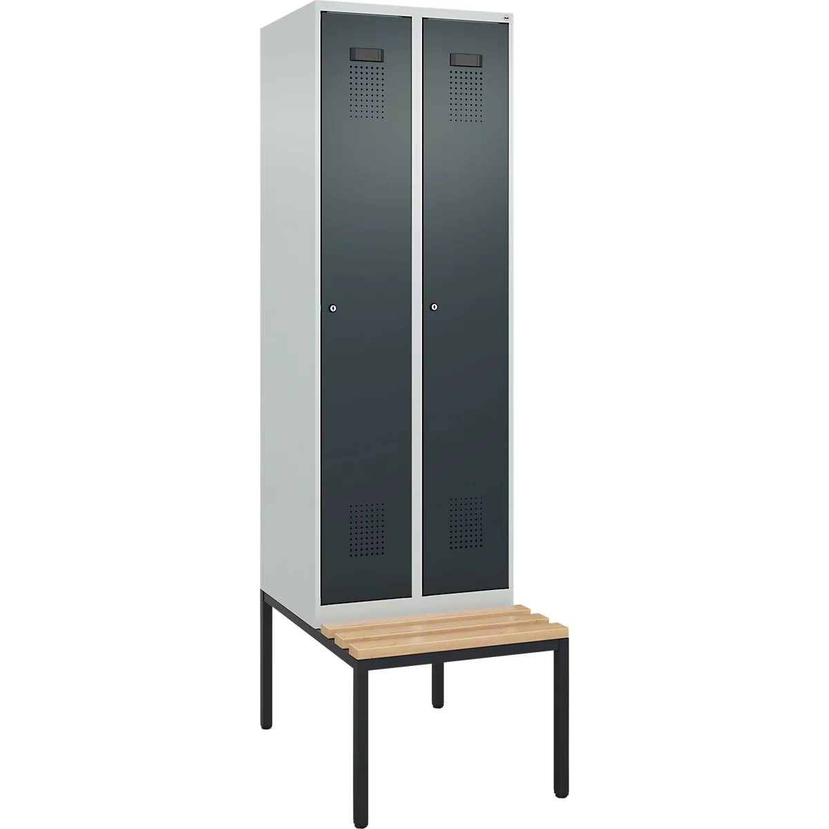 Kleiderspind C+P Evolo Plus, 2 Abteile mit je 300 mm Breite, Unterbau-Sitzbank, B 600 x T 815 x H 2120 mm, Zylinder, lichtgrau/anthrazitgrau
