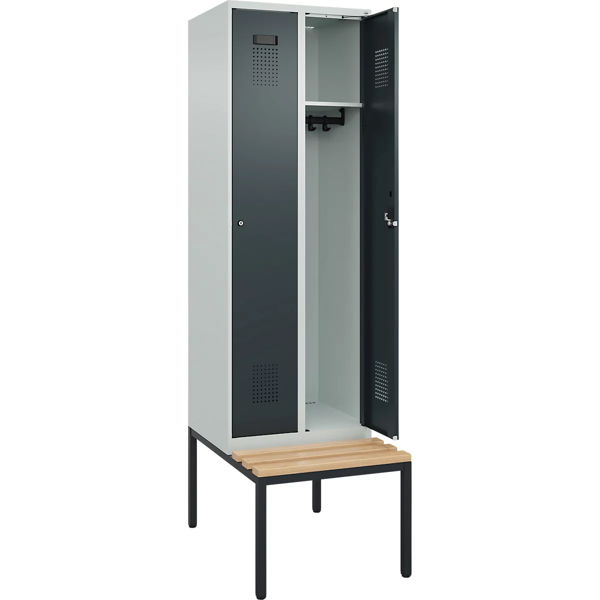 Kleiderspind C+P Evolo Plus, 2 Abteile mit je 300 mm Breite, Unterbau-Sitzbank, B 600 x T 815 x H 2120 mm, Zylinder, lichtgrau/anthrazitgrau