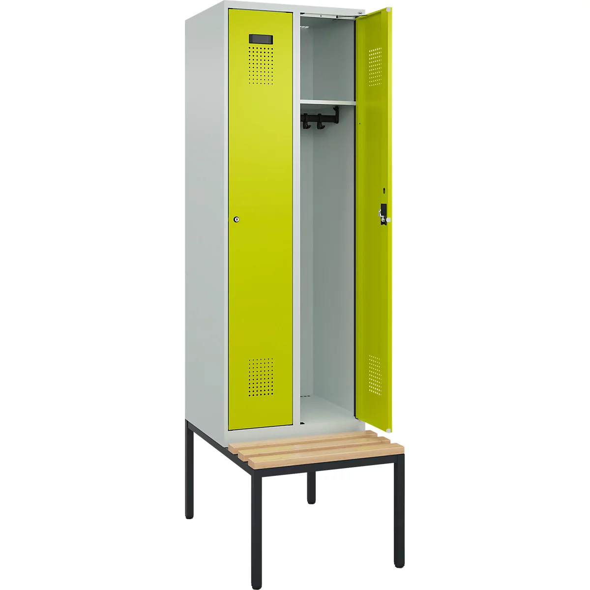 Kleiderspind C+P Evolo Plus, 2 Abteile mit je 300 mm Breite, Unterbau-Sitzbank, B 600 x T 815 x H 2120 mm, Zylinder, lichtgrau/clowngrün