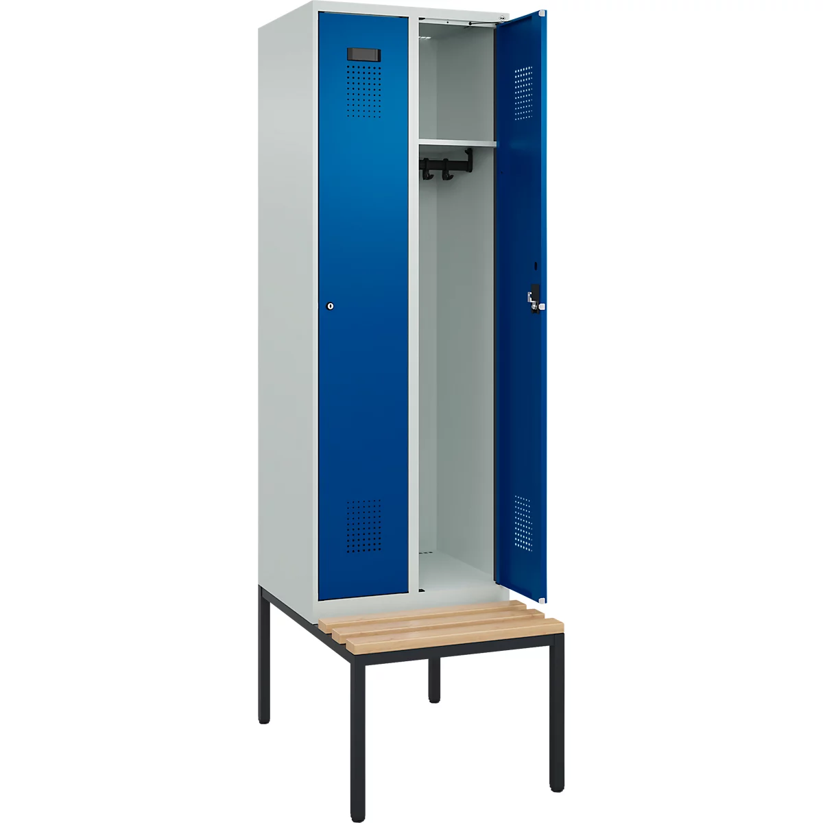 Kleiderspind C+P Evolo Plus, 2 Abteile mit je 300 mm Breite, Unterbau-Sitzbank, B 600 x T 815 x H 2120 mm, Zylinder, lichtgrau/enzianblau