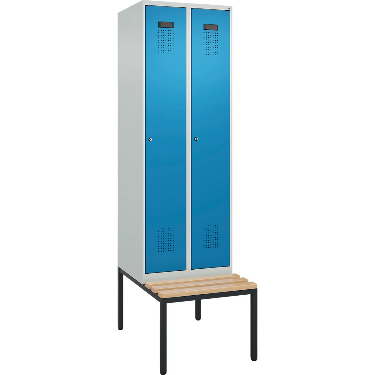 Kleiderspind C+P Evolo Plus, 2 Abteile mit je 300 mm Breite, Unterbau-Sitzbank, B 600 x T 815 x H 2120 mm, Zylinder, lichtgrau/lichtblau