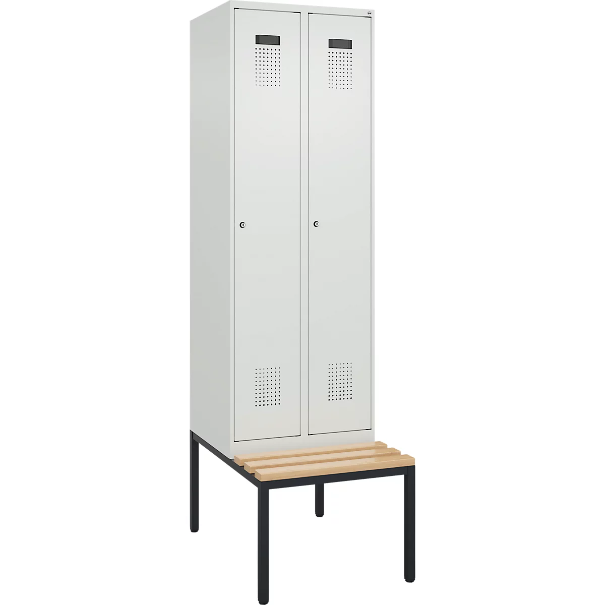 Kleiderspind C+P Evolo Plus, 2 Abteile mit je 300 mm Breite, Unterbau-Sitzbank, B 600 x T 815 x H 2120 mm, Zylinder, lichtgrau/lichtgrau