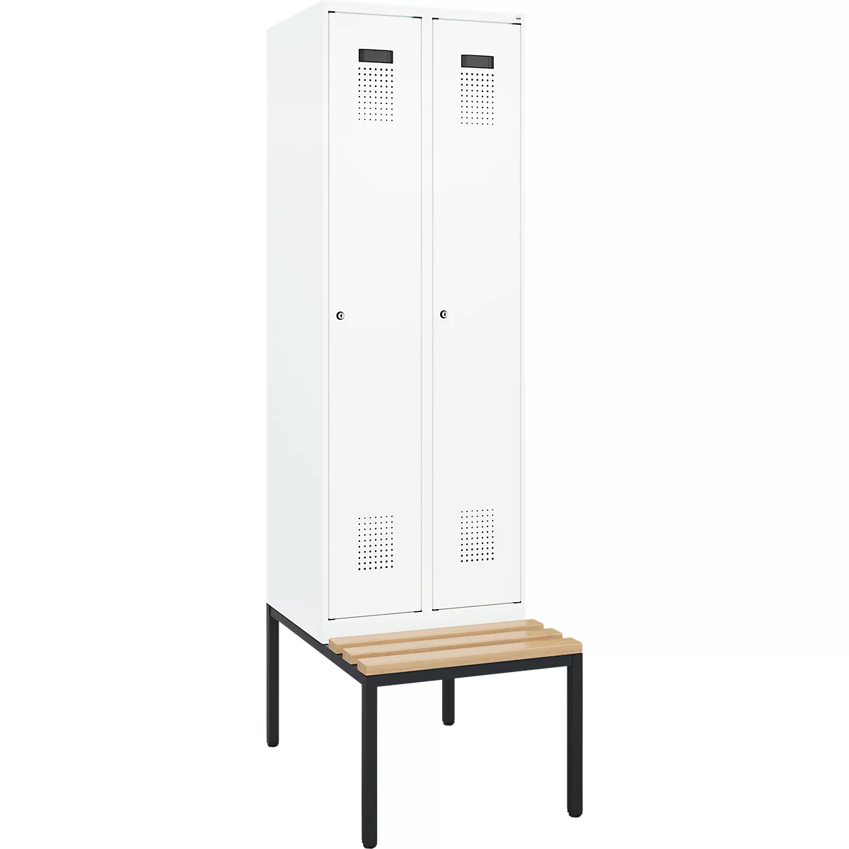 Kleiderspind C+P Evolo Plus, 2 Abteile mit je 300 mm Breite, Unterbau-Sitzbank, B 600 x T 815 x H 2120 mm, Zylinder, verkehrsweiss/verkehrsweiss