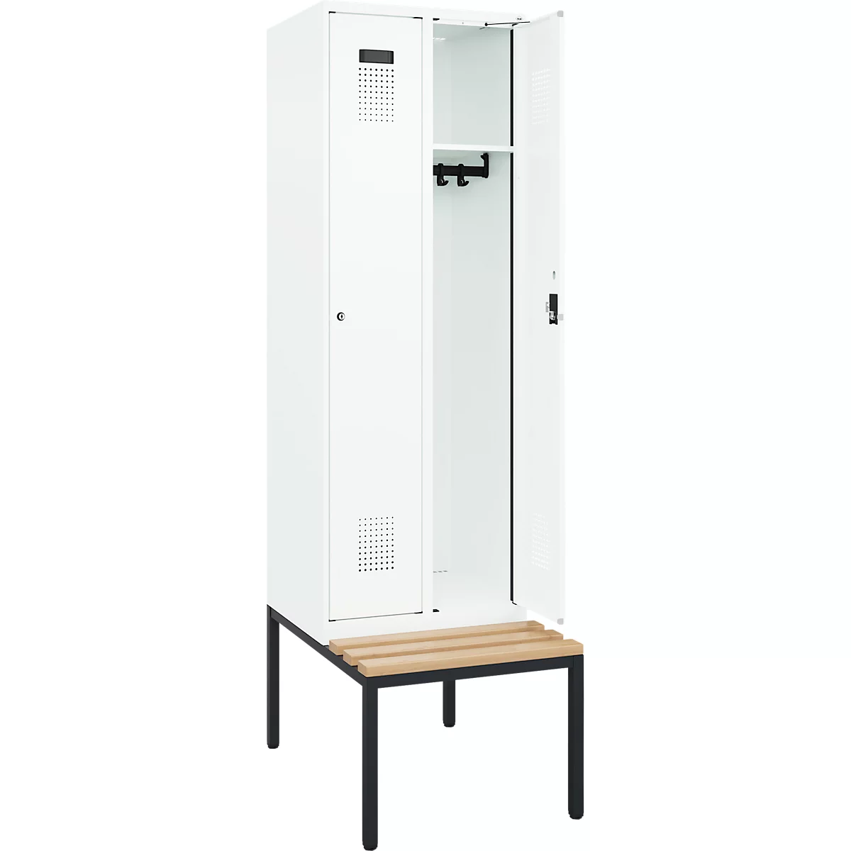 Kleiderspind C+P Evolo Plus, 2 Abteile mit je 300 mm Breite, Unterbau-Sitzbank, B 600 x T 815 x H 2120 mm, Zylinder, verkehrsweiss/verkehrsweiss