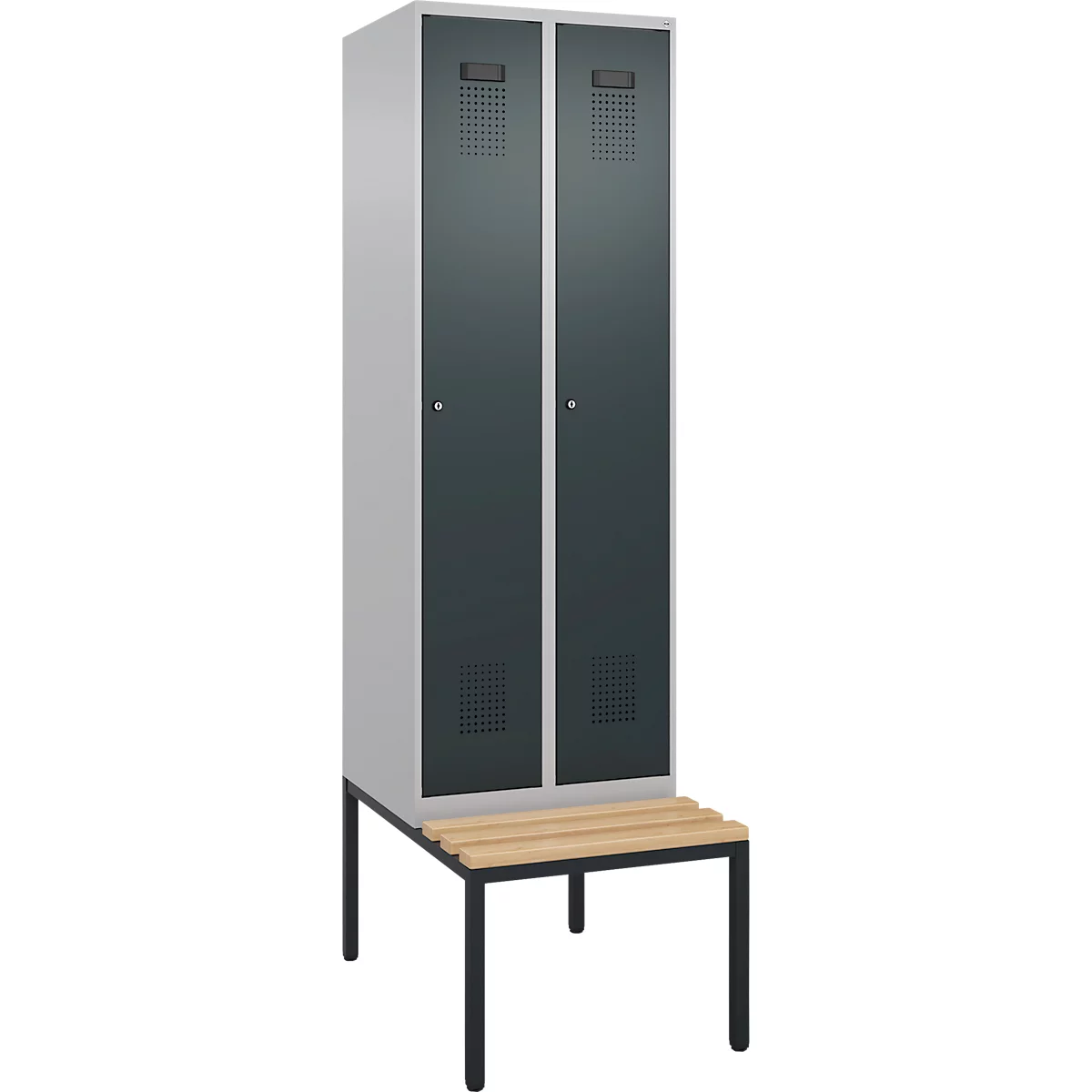 Kleiderspind C+P Evolo Plus, 2 Abteile mit je 300 mm Breite, Unterbau-Sitzbank, B 600 x T 815 x H 2120 mm, Zylinder, weissaluminium/anthrazitgrau