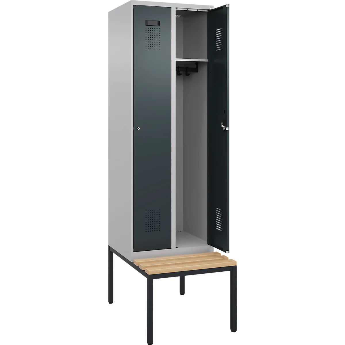 Kleiderspind C+P Evolo Plus, 2 Abteile mit je 300 mm Breite, Unterbau-Sitzbank, B 600 x T 815 x H 2120 mm, Zylinder, weissaluminium/anthrazitgrau