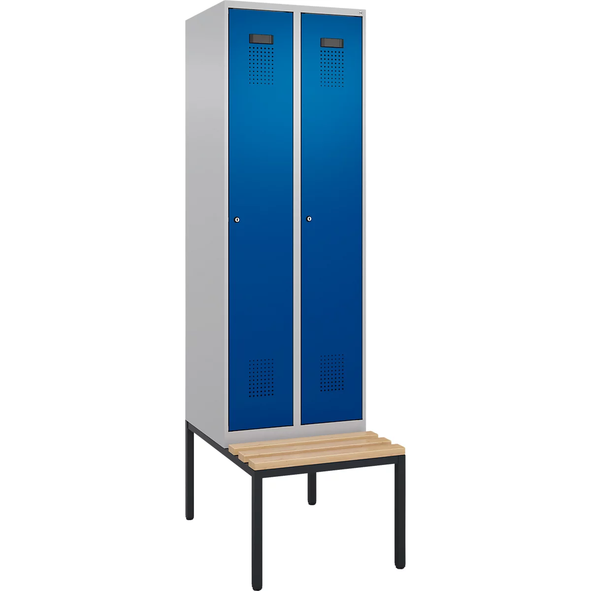 Kleiderspind C+P Evolo Plus, 2 Abteile mit je 300 mm Breite, Unterbau-Sitzbank, B 600 x T 815 x H 2120 mm, Zylinder, weissaluminium/enzianblau
