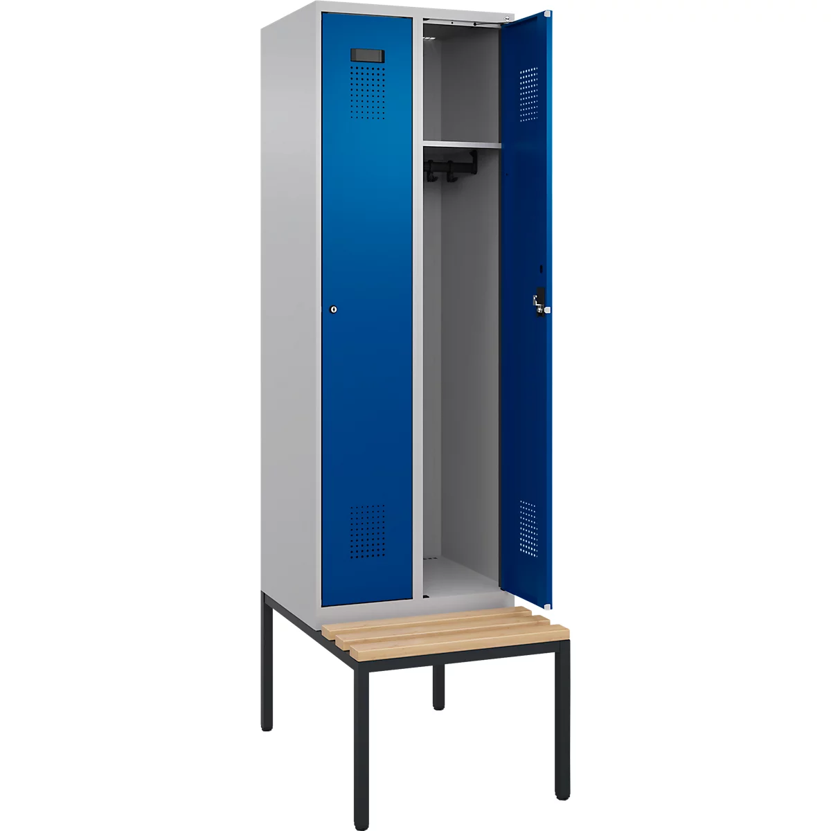 Kleiderspind C+P Evolo Plus, 2 Abteile mit je 300 mm Breite, Unterbau-Sitzbank, B 600 x T 815 x H 2120 mm, Zylinder, weissaluminium/enzianblau