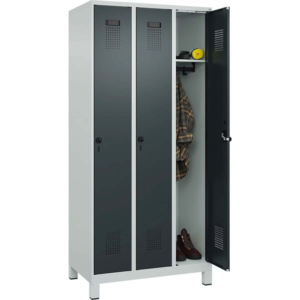 Kleiderspind C+P Evolo Plus, 3 Abteile, 300 mm Abteilbreite, mit Füßen, Drehriegel, B 900 x T 500 x H 1950 mm, lichtgrau/anthrazitgrau