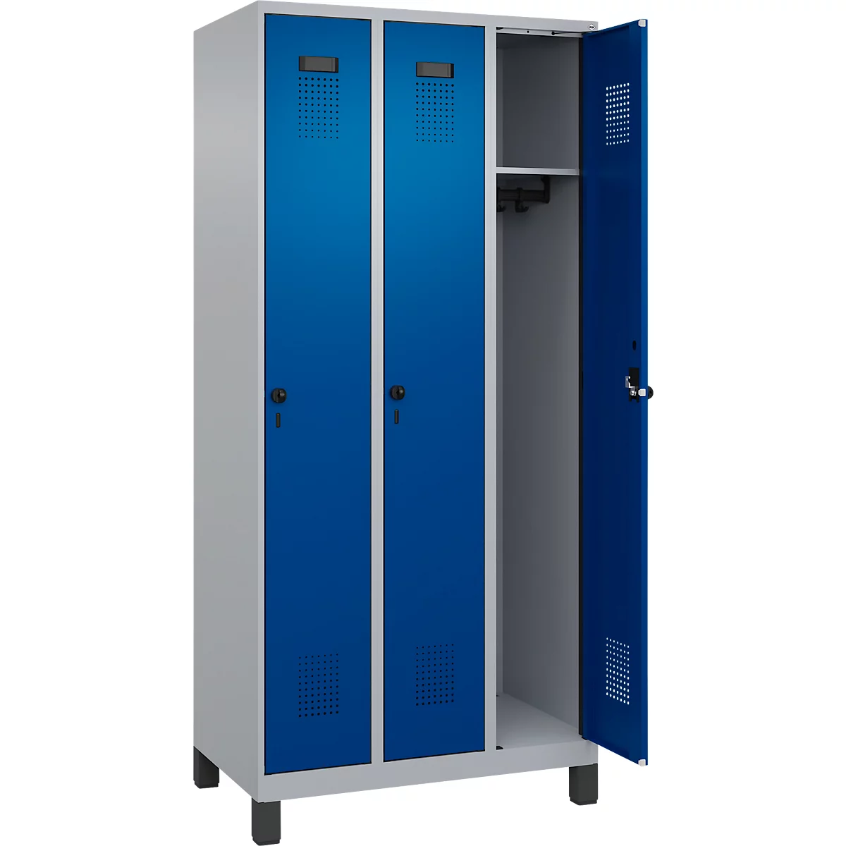 Kleiderspind C+P Evolo Plus, 3 Abteile, 300 mm Abteilbreite, mit Füßen, Drehriegel, B 900 x T 500 x H 1950 mm, weißaluminium/enzianblau