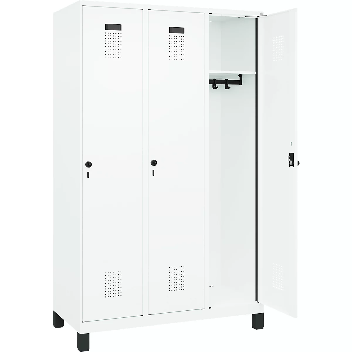 Kleiderspind C+P Evolo Plus, 3 Abteile, 400 mm Abteilbreite, mit Füßen, Anschlag rechts, B 1200 x T 500 x H 1950 mm, Drehriegel, verkehrsweiß/verkehrsweiß