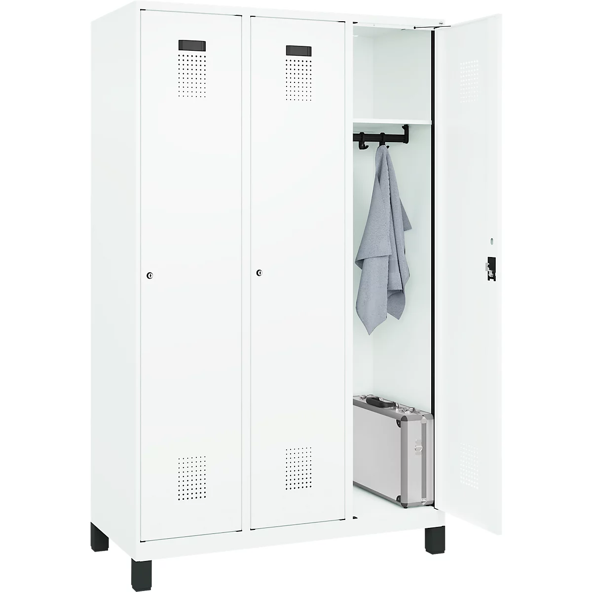 Kleiderspind C+P Evolo Plus, 3 Abteile, 400 mm Abteilbreite, mit Füßen, Anschlag rechts, B 1200 x T 500 x H 1950 mm, Zylinder, verkehrsweiß/verkehrsweiß