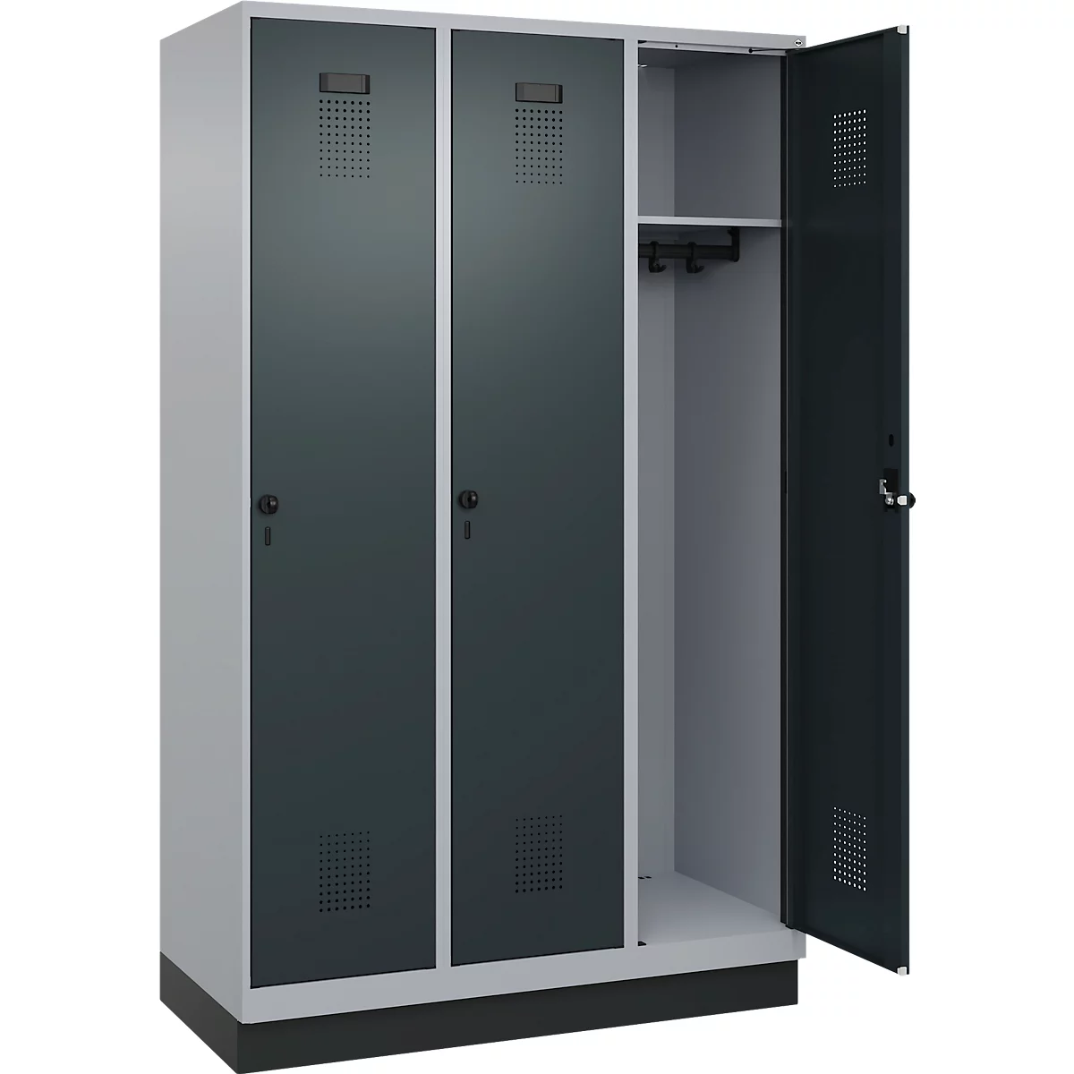 Kleiderspind C+P Evolo Plus, 3 Abteile, 400 mm Abteilbreite, mit Sockel, Anschlag rechts, B 1200 x T 500 x H 1950 mm, Drehriegel, weißaluminium/anthrazitgrau