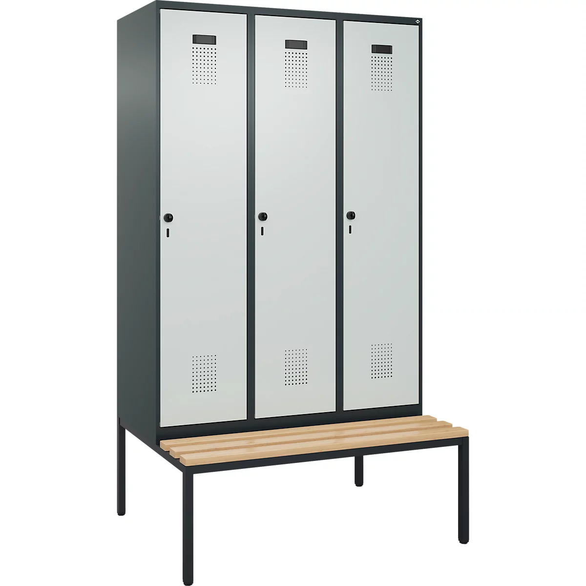 Kleiderspind C+P Evolo Plus, 3 Abteile, 400 mm Abteilbreite, mit untergebauter Sitzbank, B 1200 x T 815 x H 2120 mm, Drehriegel, anthrazitgrau/lichtgrau