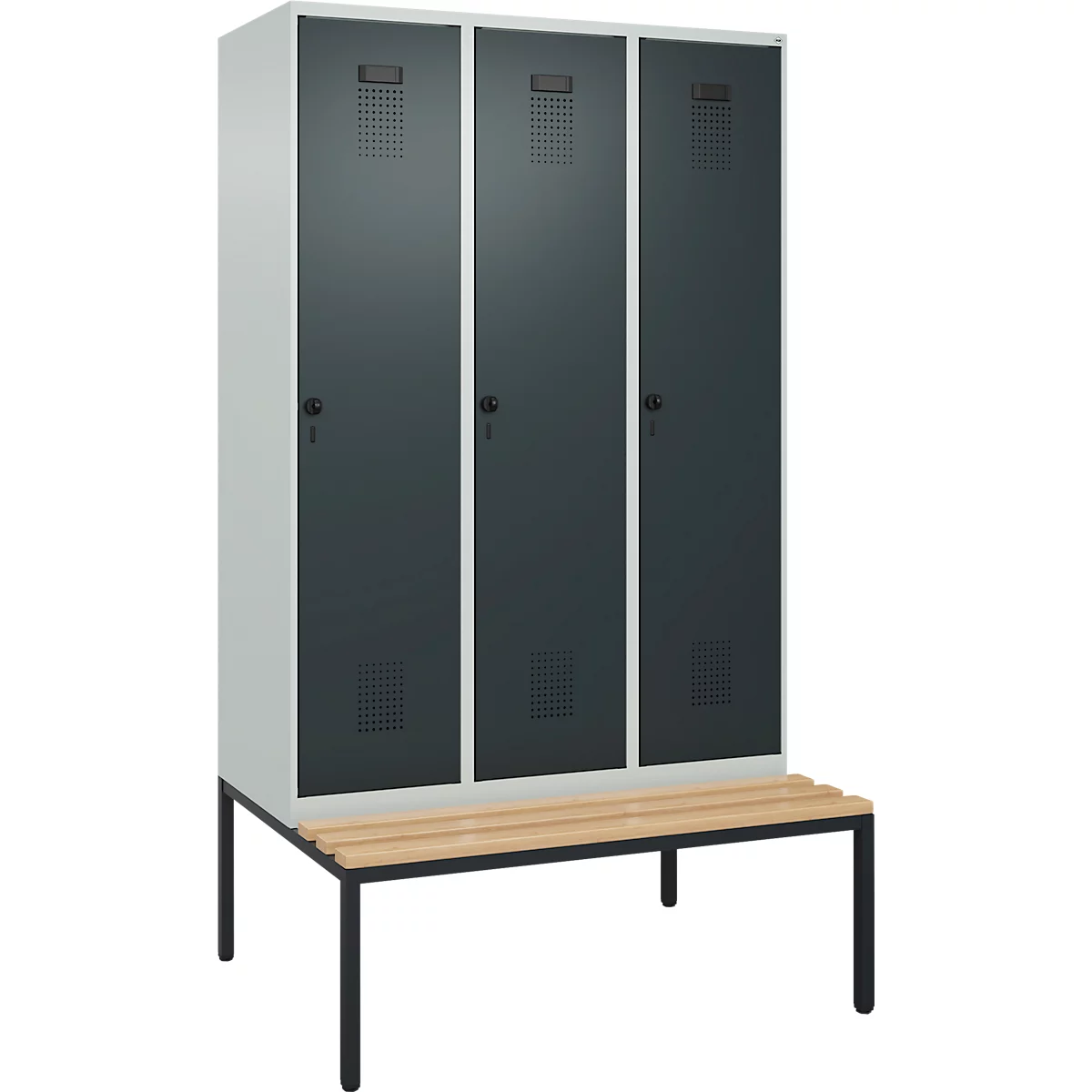 Kleiderspind C+P Evolo Plus, 3 Abteile, 400 mm Abteilbreite, mit untergebauter Sitzbank, B 1200 x T 815 x H 2120 mm, Drehriegel, lichtgrau/anthrazitgrau