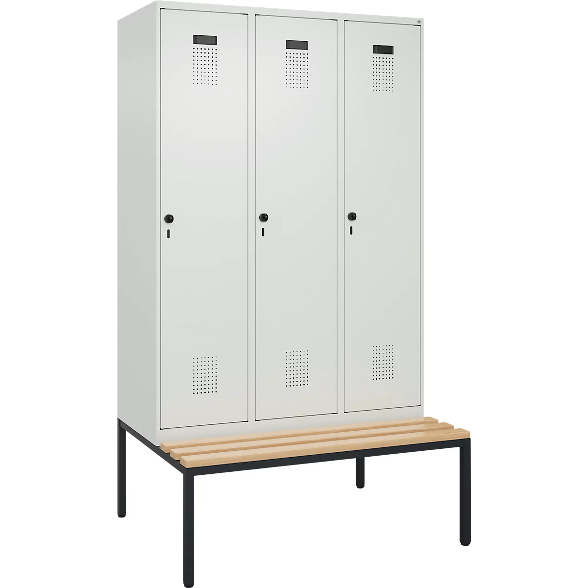 Kleiderspind C+P Evolo Plus, 3 Abteile, 400 mm Abteilbreite, mit untergebauter Sitzbank, B 1200 x T 815 x H 2120 mm, Drehriegel, lichtgrau/lichtgrau