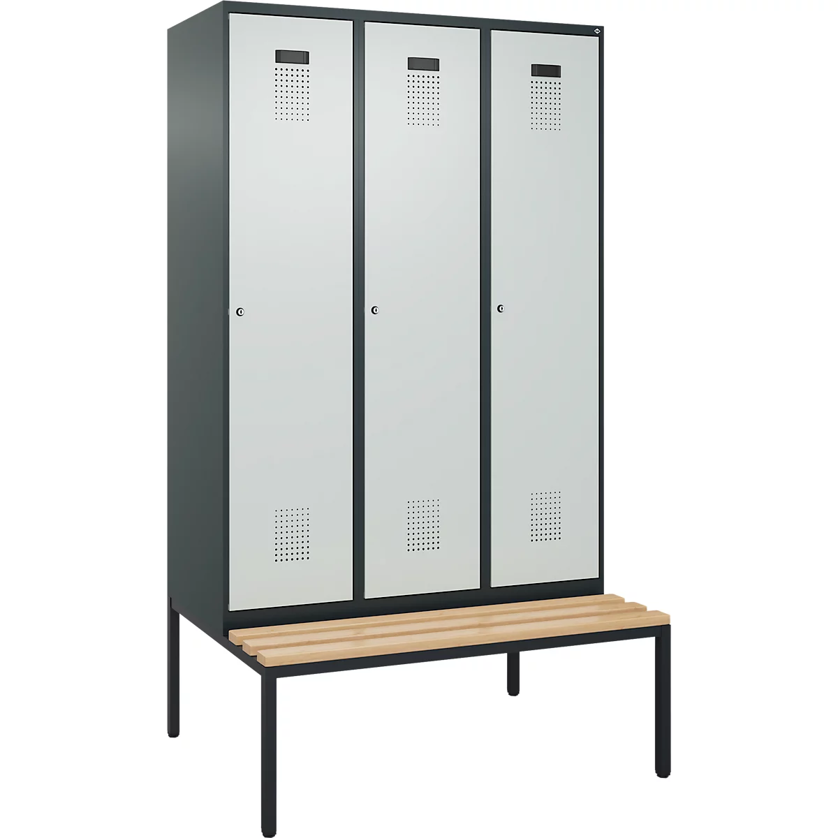 Kleiderspind C+P Evolo Plus, 3 Abteile, 400 mm Abteilbreite, mit untergebauter Sitzbank, B 1200 x T 815 x H 2120 mm, Zylinder, anthrazitgrau/lichtgrau