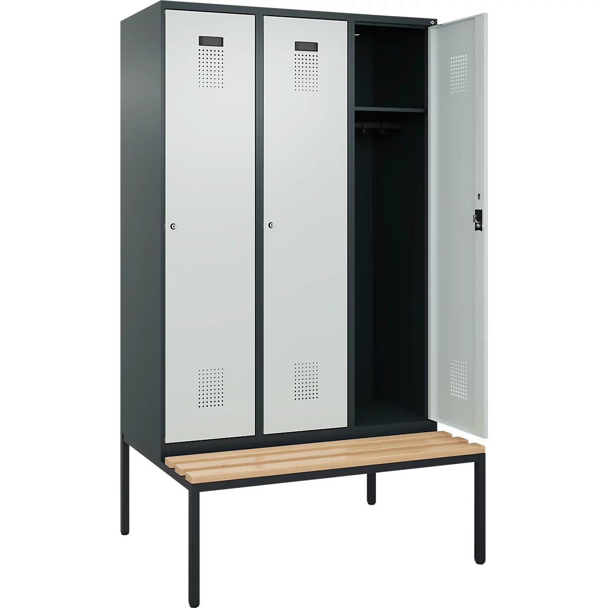 Kleiderspind C+P Evolo Plus, 3 Abteile, 400 mm Abteilbreite, mit untergebauter Sitzbank, B 1200 x T 815 x H 2120 mm, Zylinder, anthrazitgrau/lichtgrau