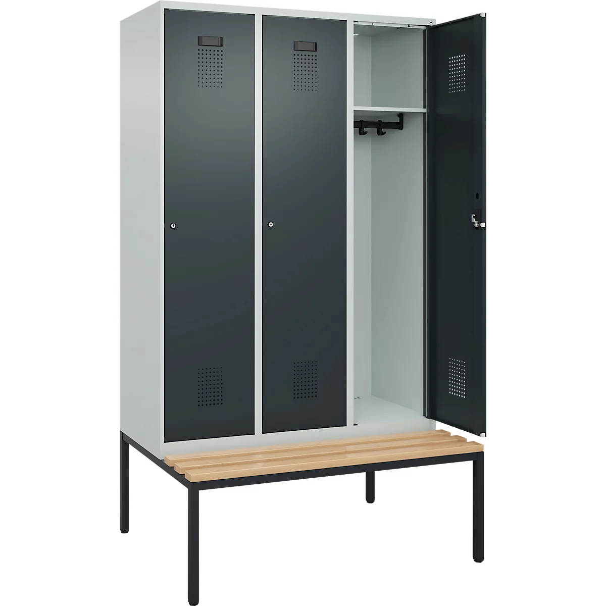 Kleiderspind C+P Evolo Plus, 3 Abteile, 400 mm Abteilbreite, mit untergebauter Sitzbank, B 1200 x T 815 x H 2120 mm, Zylinder, lichtgrau/anthrazitgrau