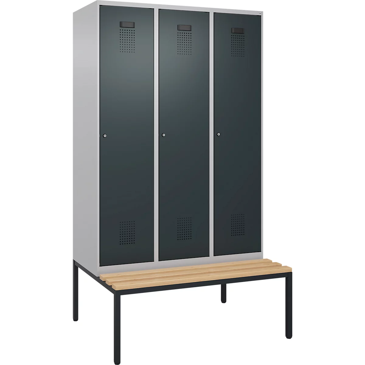Kleiderspind C+P Evolo Plus, 3 Abteile, 400 mm Abteilbreite, mit untergebauter Sitzbank, B 1200 x T 815 x H 2120 mm, Zylinder, weißaluminium/anthrazitgrau