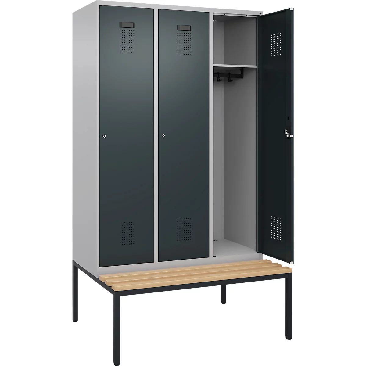 Kleiderspind C+P Evolo Plus, 3 Abteile, 400 mm Abteilbreite, mit untergebauter Sitzbank, B 1200 x T 815 x H 2120 mm, Zylinder, weißaluminium/anthrazitgrau