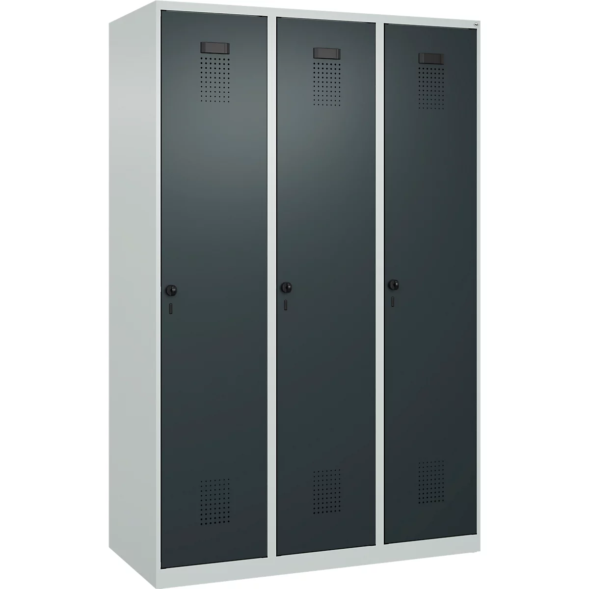 Kleiderspind C+P Evolo Plus, 3 Abteile, 400 mm breit, Drehriegel, Soft-Anschlag, B 1.200 x T 500 x H 1.850 m, lichtgrau/anthrazitgrau