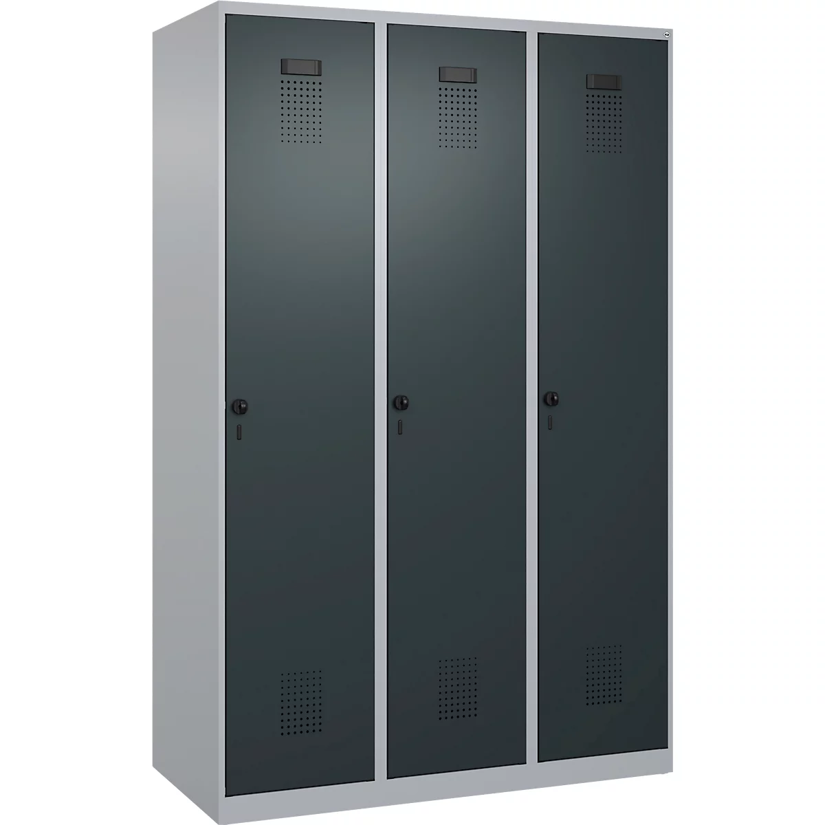 Kleiderspind C+P Evolo Plus, 3 Abteile, 400 mm breit, Drehriegel, Soft-Anschlag, B 1.200 x T 500 x H 1.850 m, weißaluminium/anthrazitgrau