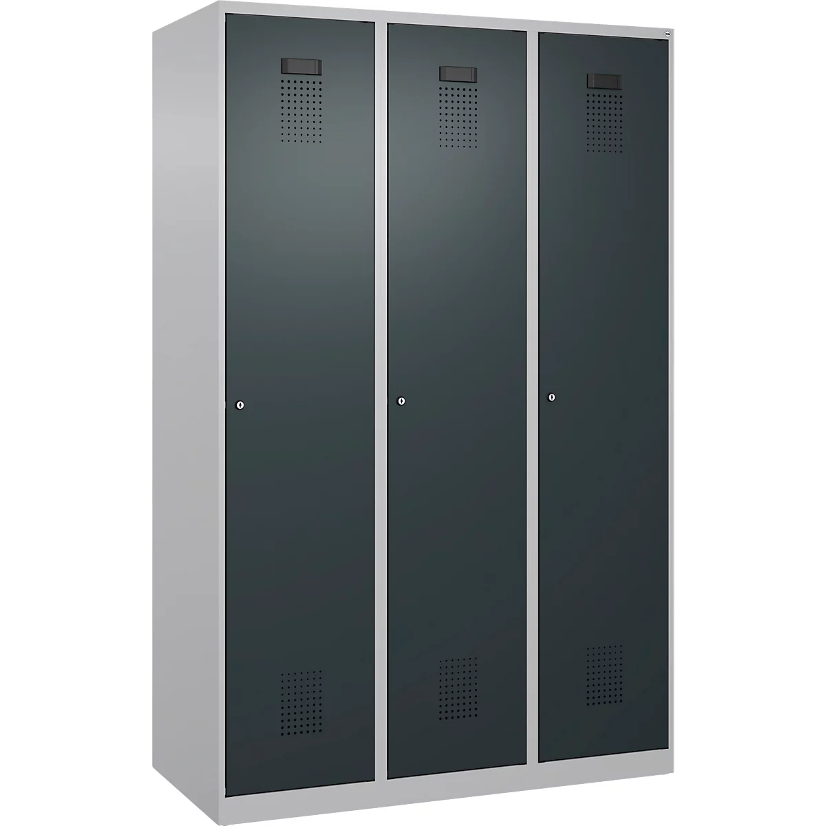 Kleiderspind C+P Evolo Plus, 3 Abteile, 400 mm breit, Zylinderschloss, Soft-Anschlag, B 1.200 x T 500 x H 1.850 m, weißaluminium/anthrazitgrau