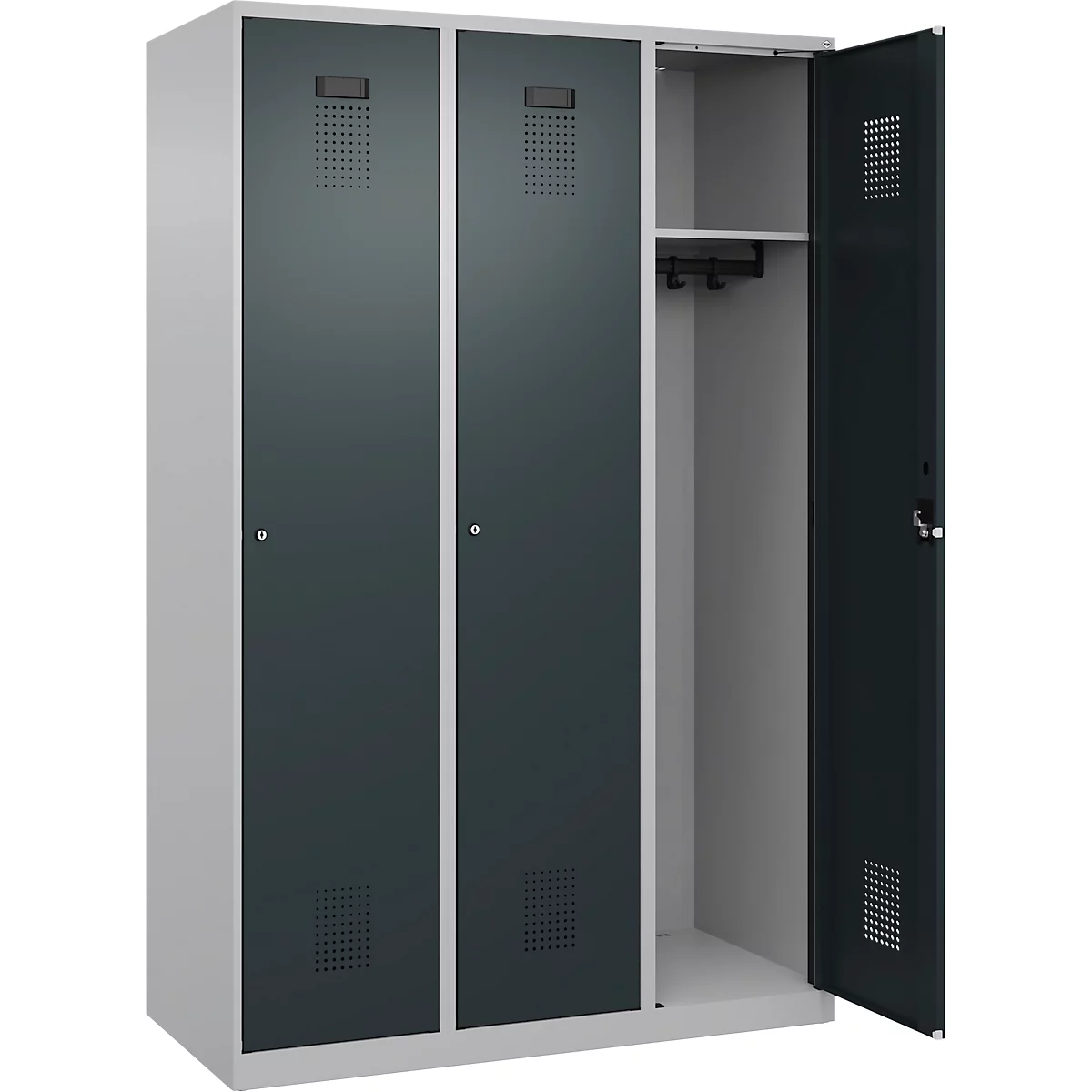 Kleiderspind C+P Evolo Plus, 3 Abteile, 400 mm breit, Zylinderschloss, Soft-Anschlag, B 1.200 x T 500 x H 1.850 m, weißaluminium/anthrazitgrau