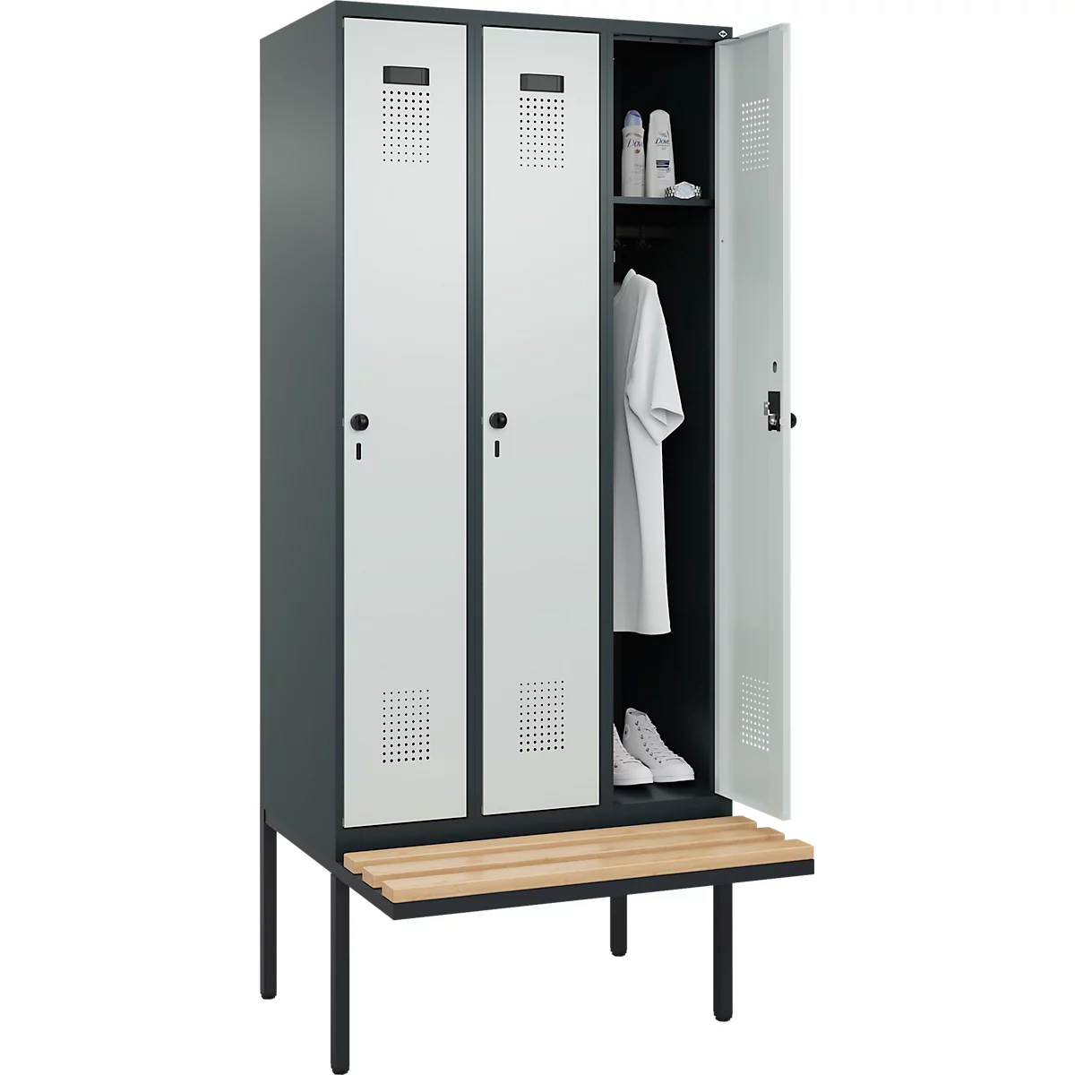 Kleiderspind C+P Evolo Plus, 3 Abteile à 300 mm Breite, schwebende Sitzbank, B 900 x T 815 x H 2120 mm, Drehriegel, anthrazit/lichtgrau