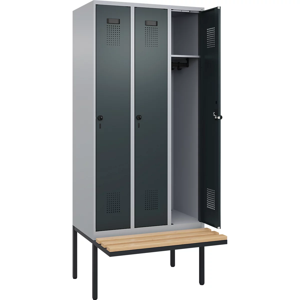Kleiderspind C+P Evolo Plus, 3 Abteile à 300 mm Breite, schwebende Sitzbank, B 900 x T 815 x H 2120 mm, Drehriegel, weißaluminium/anthrazitgrau