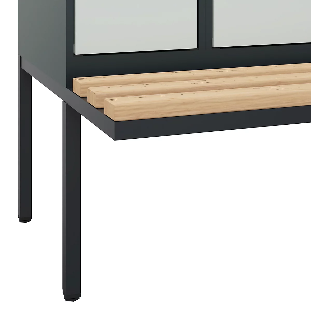 Kleiderspind C+P Evolo Plus, 3 Abteile à 300 mm Breite, schwebende Sitzbank, B 900 x T 815 x H 2120 mm, Zylinder, anthrazitgrau/lichtgrau