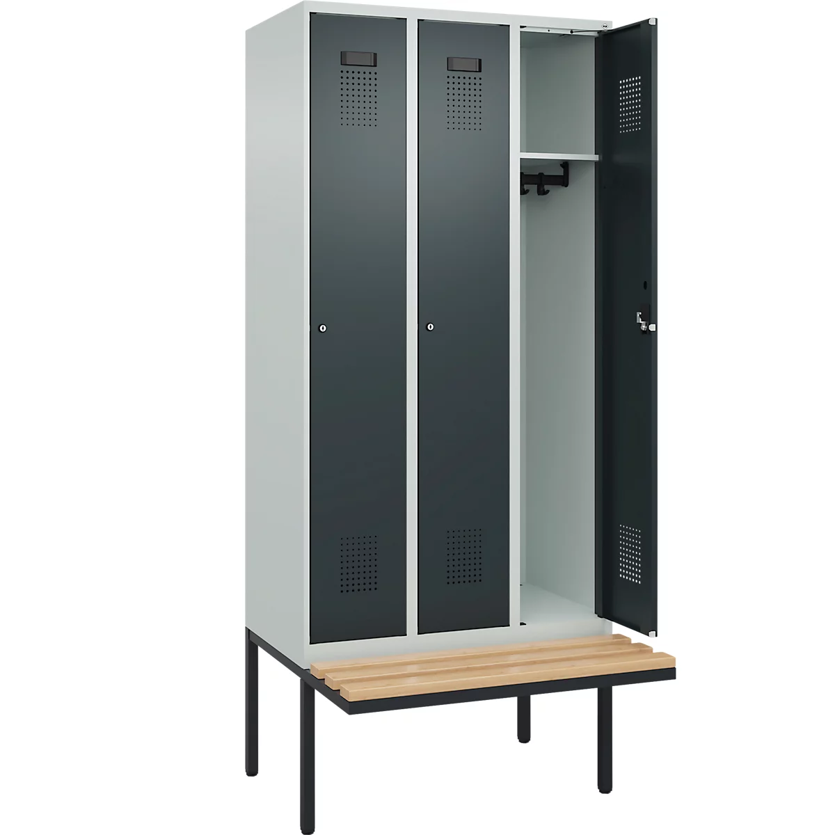 Kleiderspind C+P Evolo Plus, 3 Abteile à 300 mm Breite, schwebende Sitzbank, B 900 x T 815 x H 2120 mm, Zylinder, lichtgrau/anthrazitgrau