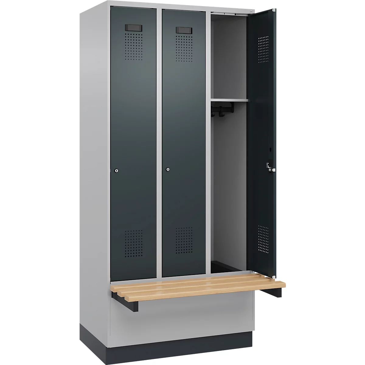 Kleiderspind C+P Evolo Plus, 3 Abteile à 300 mm Breite, Sockel, schwebende Sitzbank, B 900 x T 815 x H 1950 mm, Zylinder, weißaluminium/anthrazitgrau