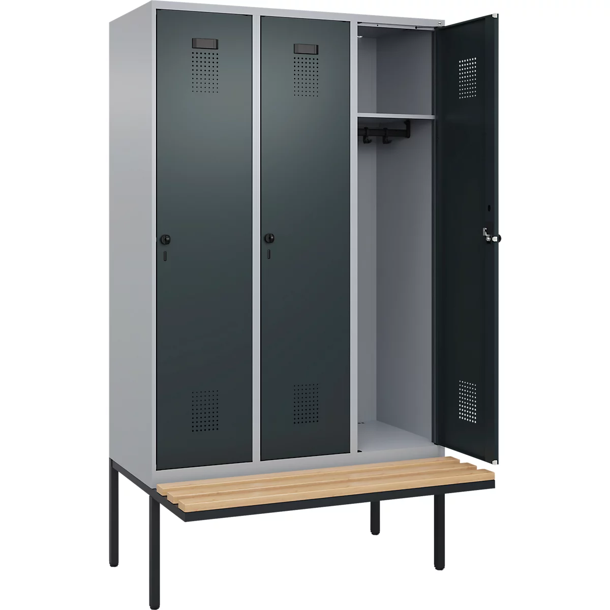Kleiderspind C+P Evolo Plus, 3 Abteile à 400 mm Breite, schwebende Sitzbank, B 1200 x T 815 x H 2120 mm, Drehriegel, weißaluminium/anthrazitgrau