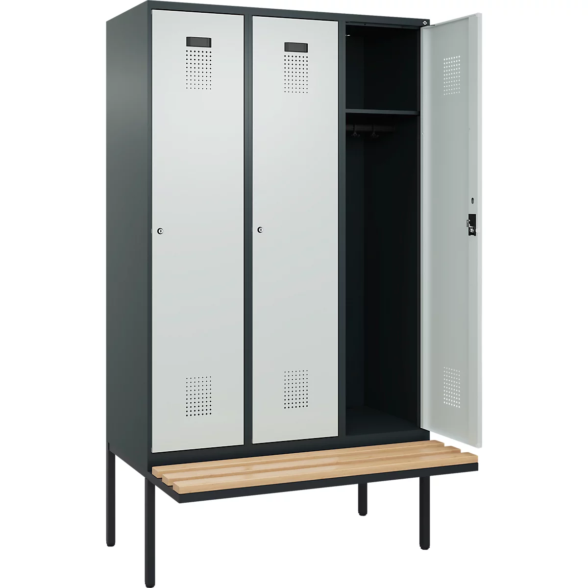 Kleiderspind C+P Evolo Plus, 3 Abteile à 400 mm Breite, schwebende Sitzbank, B 1200 x T 815 x H 2120 mm, Zylinder, anthrazitgrau/lichtgrau