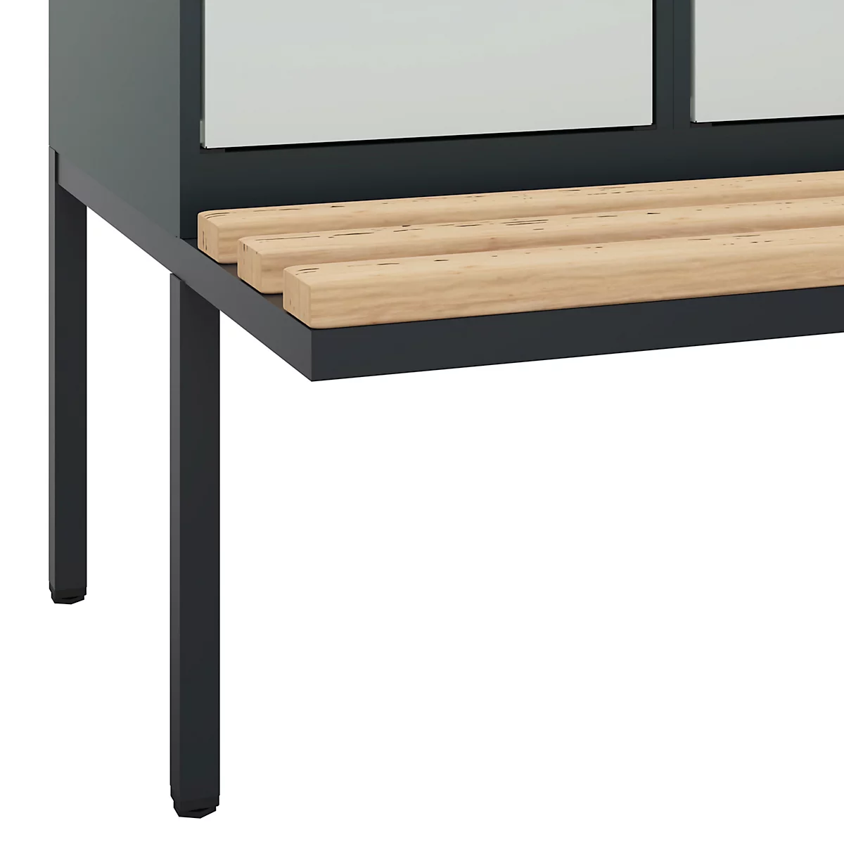 Kleiderspind C+P Evolo Plus, 3 Abteile à 400 mm Breite, schwebende Sitzbank, B 1200 x T 815 x H 2120 mm, Zylinder, anthrazitgrau/lichtgrau