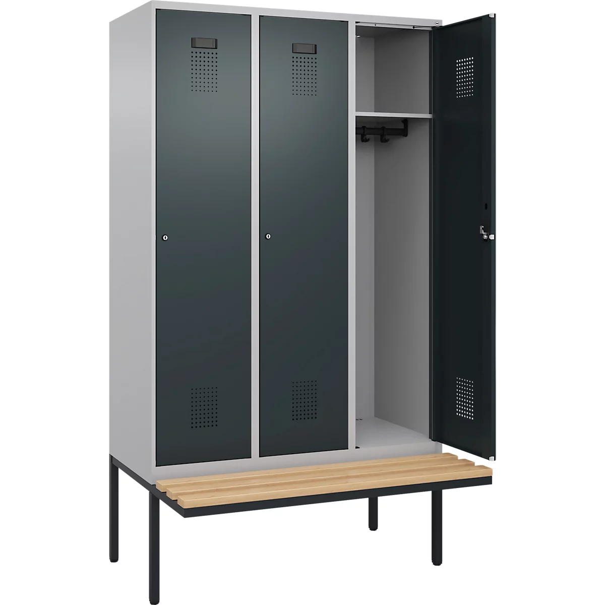Kleiderspind C+P Evolo Plus, 3 Abteile à 400 mm Breite, schwebende Sitzbank, B 1200 x T 815 x H 2120 mm, Zylinder, weißaluminium/anthrazitgrau