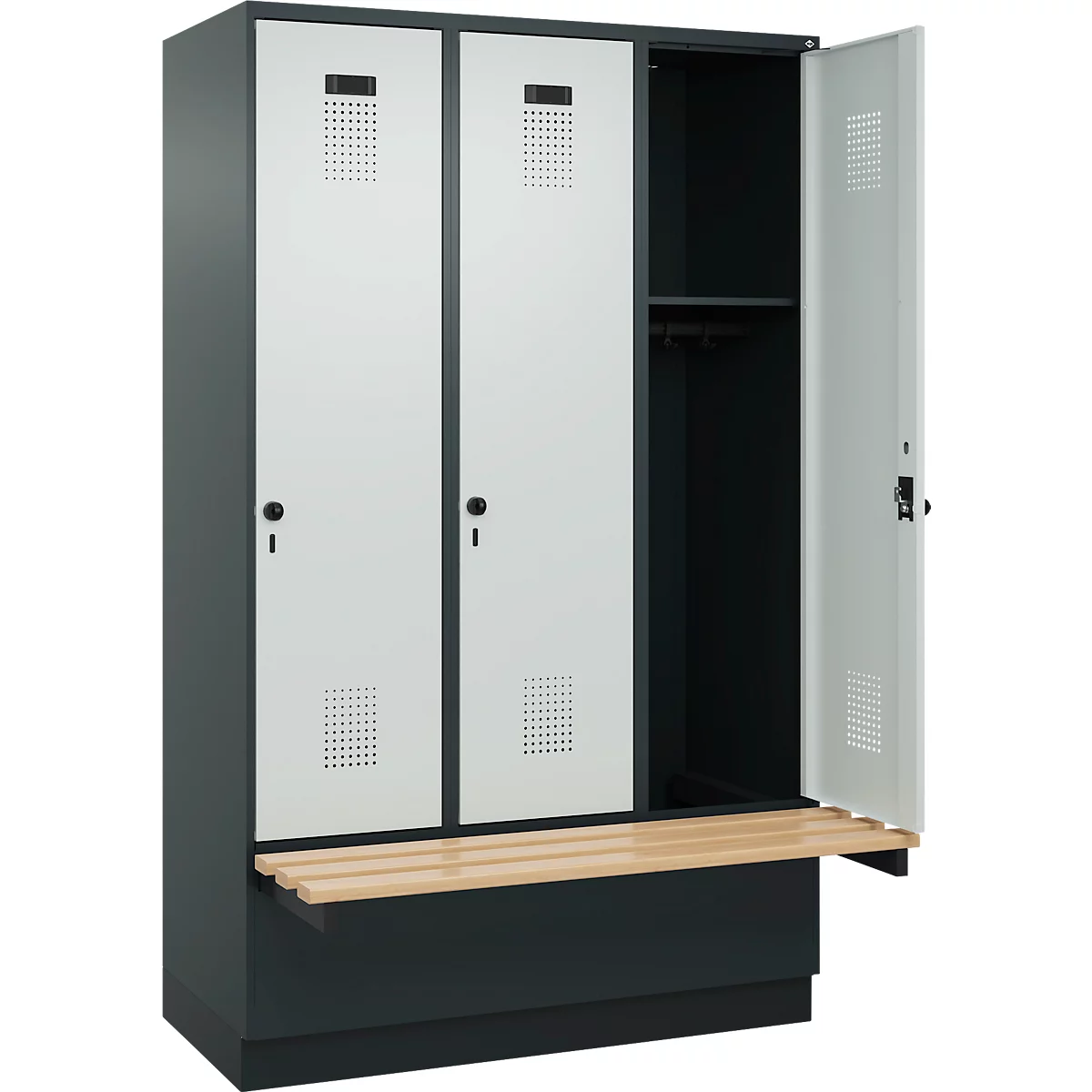 Kleiderspind C+P Evolo Plus, 3 Abteile à 400 mm Breite, Sockel, schwebende Sitzbank, B 1200 x T 815 x H 1950 mm, Drehriegel, anthrazitgrau/lichtgrau