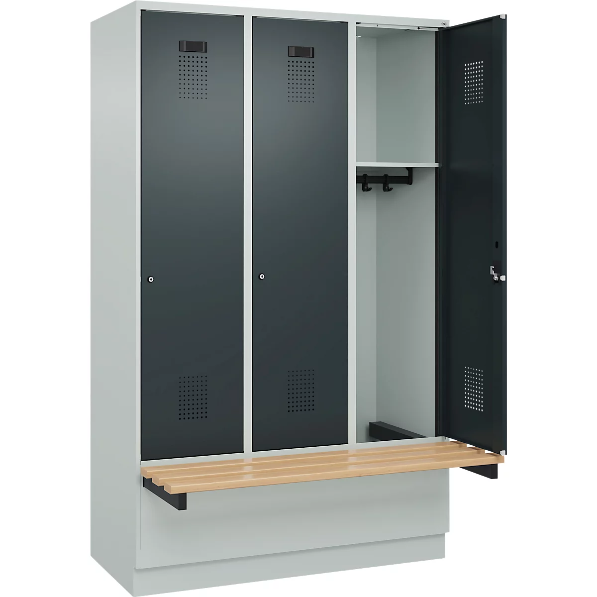 Kleiderspind C+P Evolo Plus, 3 Abteile à 400 mm Breite, Sockel, schwebende Sitzbank, B 1200 x T 815 x H 1950 mm, Zylinder, lichtgrau/anthrazitgrau